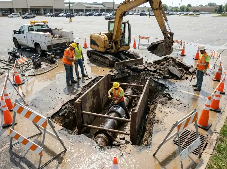 Excavator — Commercial Parking Lot — Excavator, Utility Truck, Construction Crew, Commercial Parking Lot, Plumbing