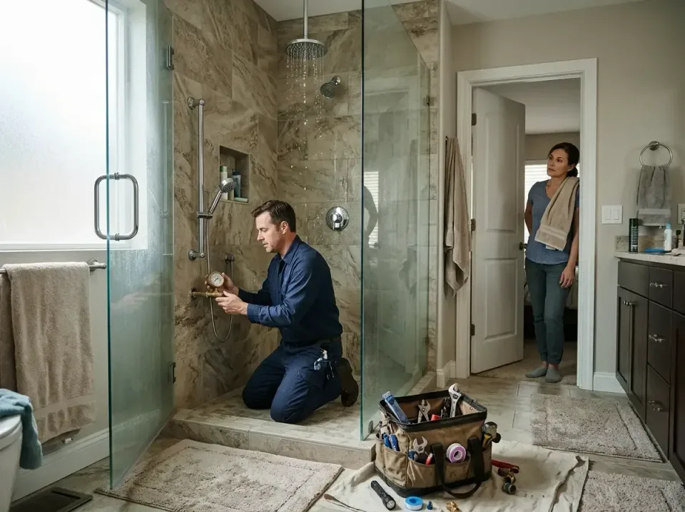 Plumber — Residential Bathroom — Plumber, Homeowner, Tool Bag, Residential Bathroom, Plumbing