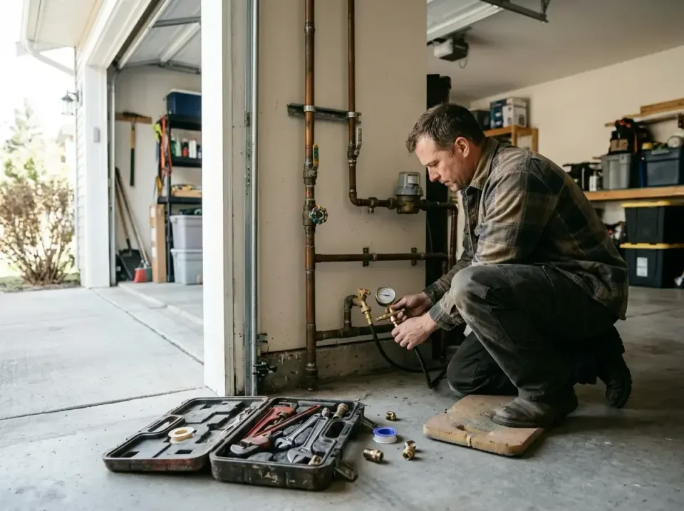 Plumber — Residential Garage Plumber — Residential Garage — Plumber, Tool Box, Pressure Gauge, Residential Garage, Plumbing